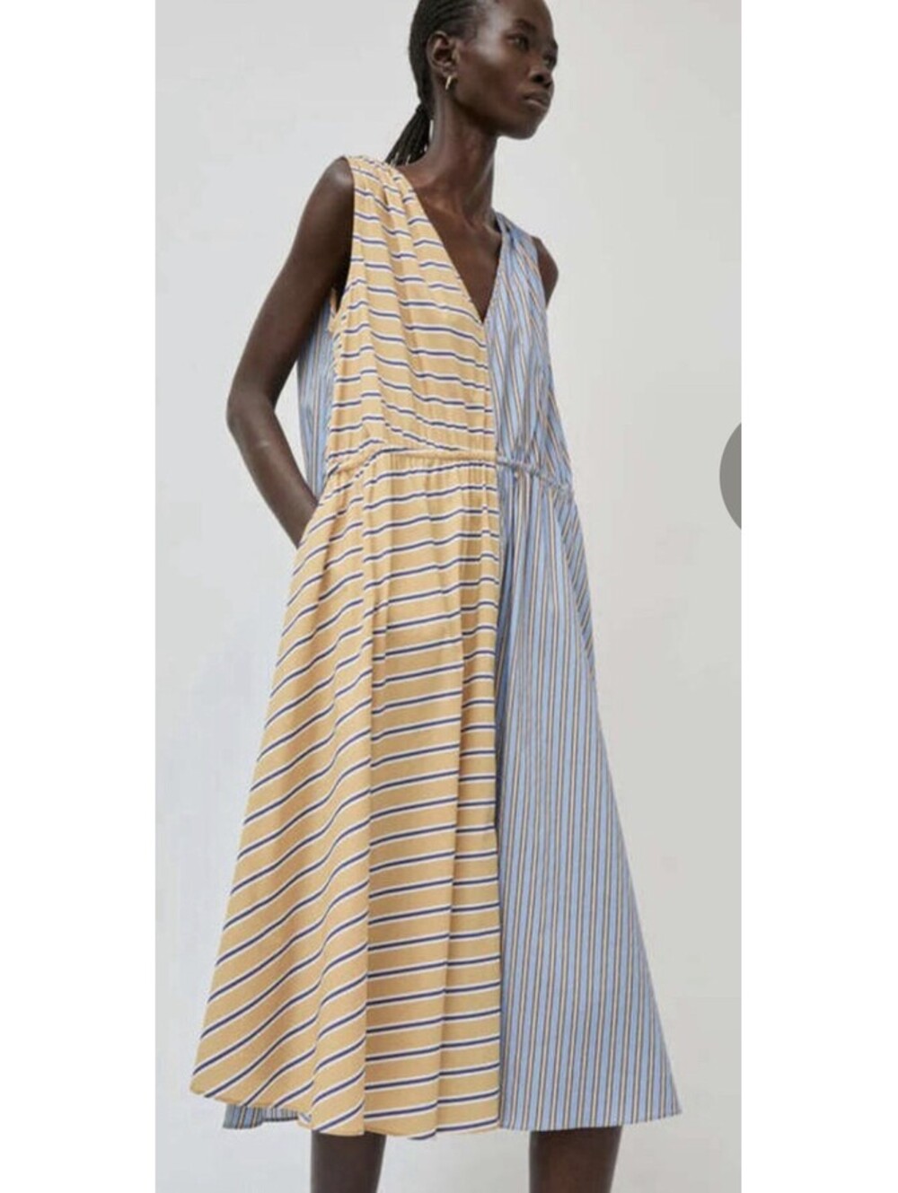 No.6 Store Leigh Midi Dress XS Blue Camel Oxford Mixed Stripe Colorblock Cotton
